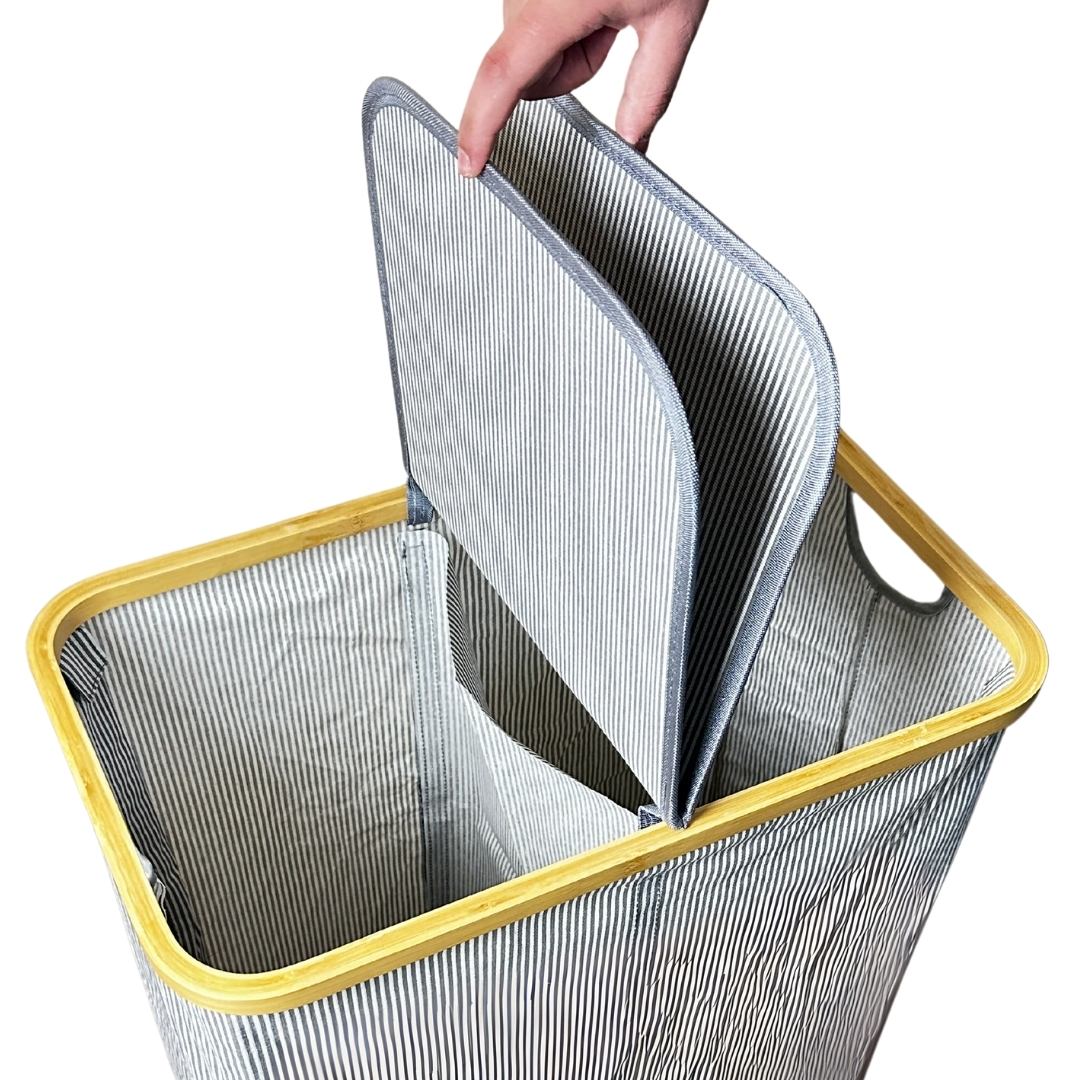 Panier à Linge Bamboo Style (Rayé Gris) 2 compartiments 54.5x34x60cm
