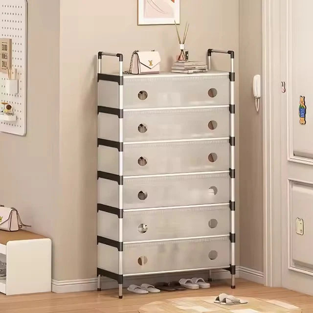 Étagère à chaussures multicouche en aluminium anti-poussière pour salon