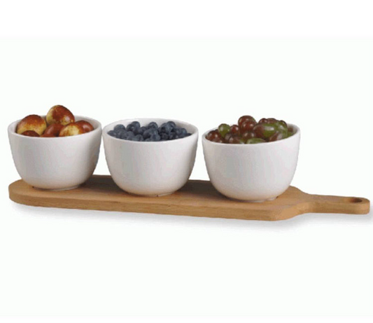Ensemble de 3 Bols en Porcelaine avec une Planche en Bambou