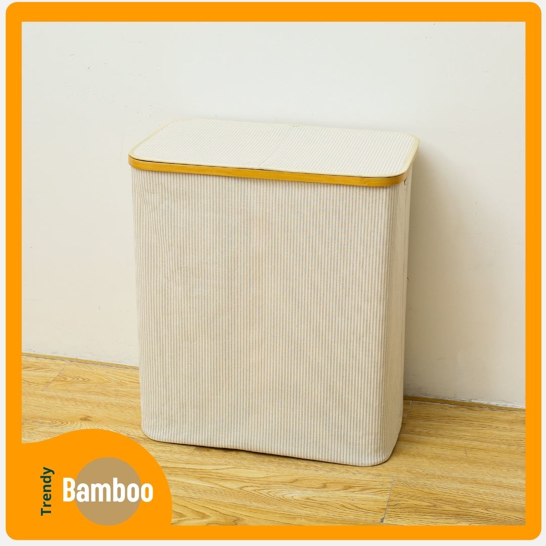 Panier à Linge Bamboo Style (Rayé Beige) 2 compartiments 54.5x34x60cm