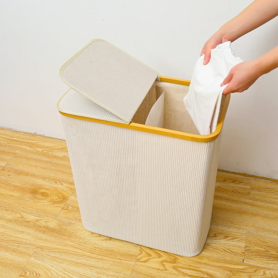 Panier à Linge Bamboo Style (Rayé Beige) 2 compartiments 54.5x34x60cm