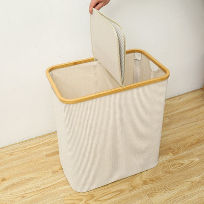 Panier à Linge Bamboo Style (Rayé Beige) 2 compartiments 54.5x34x60cm