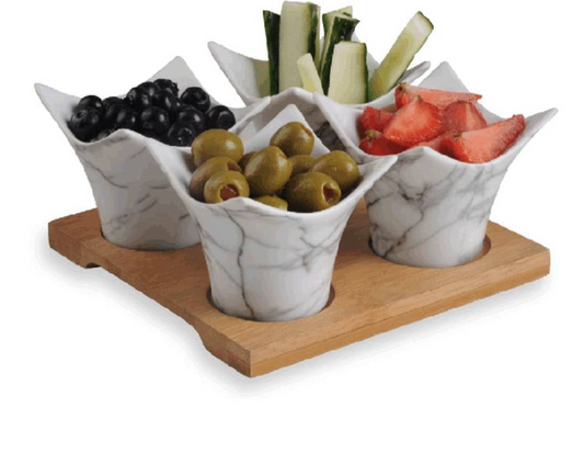 Ensemble de 4 Bols en Porcelaine et Planche Bambou