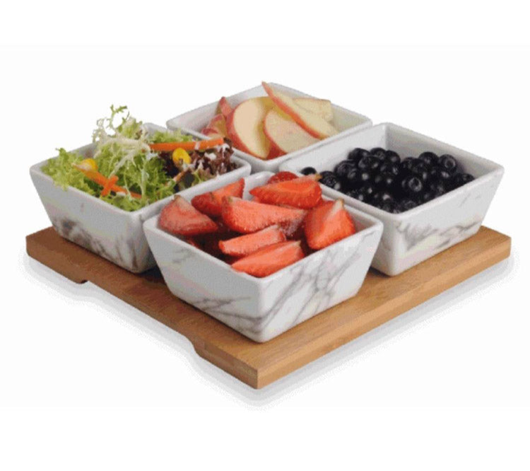 Ensemble de 4 Bols Carré En Porcelaine avec Planche en Bambou