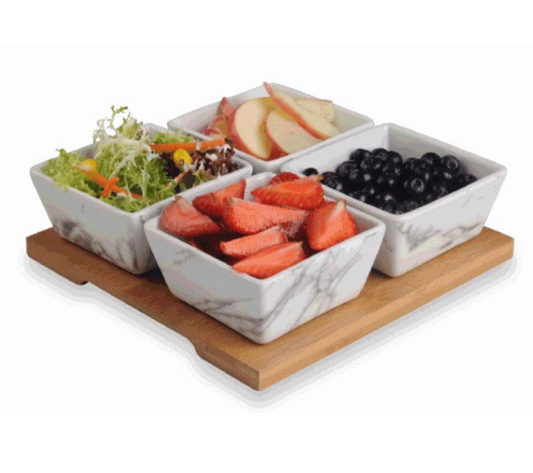 Ensemble de 4 Bols Carré En Porcelaine avec Planche en Bambou