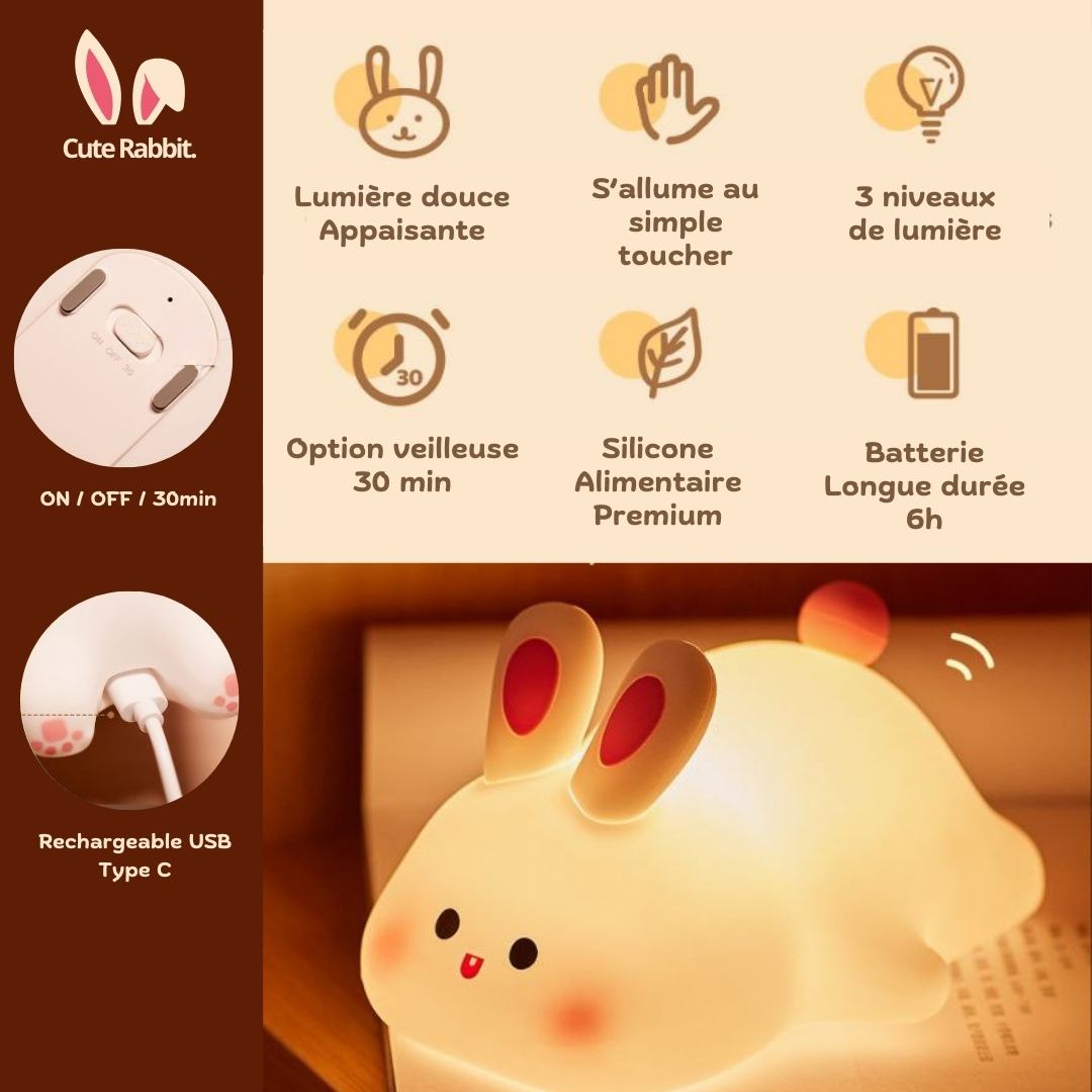 Veilleuse Tactile Rechargeable avec minuteur - Doux Lapin