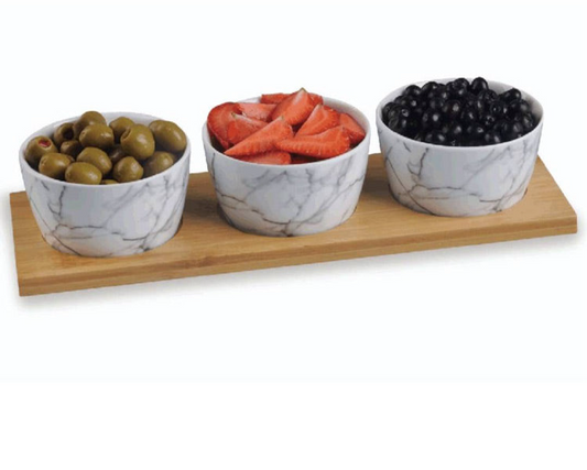 Ensemble de Trois Bols en Porcelaine Marbrée avec une Planche en Bambou