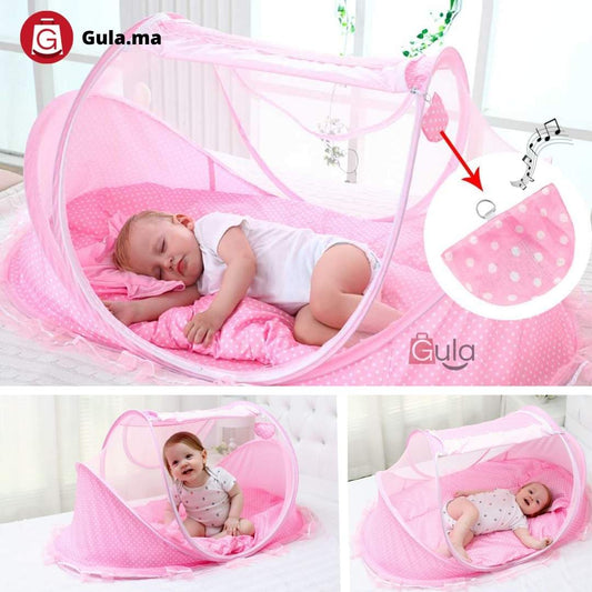 Lit Moustiquaire pour Bébé Ensemble 4 pièces pliables (matelas, oreiller, moustiquaire, musique)