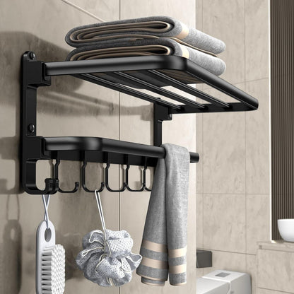 Porte-serviettes mural en aluminium noir mat avec étagère et 7 crochets