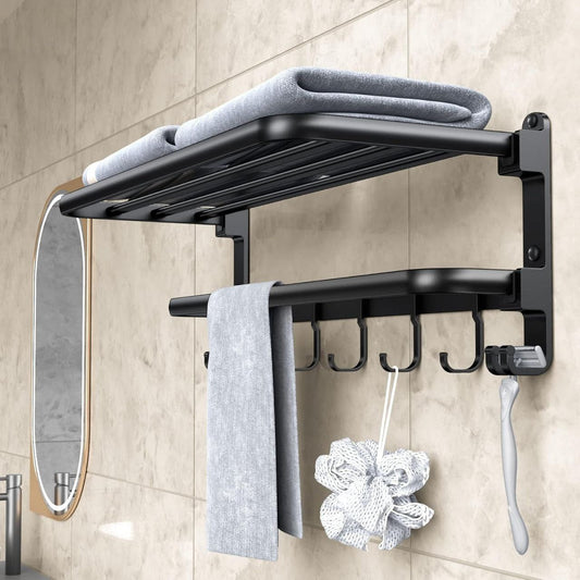 Porte-serviettes mural en aluminium noir mat avec étagère et 7 crochets